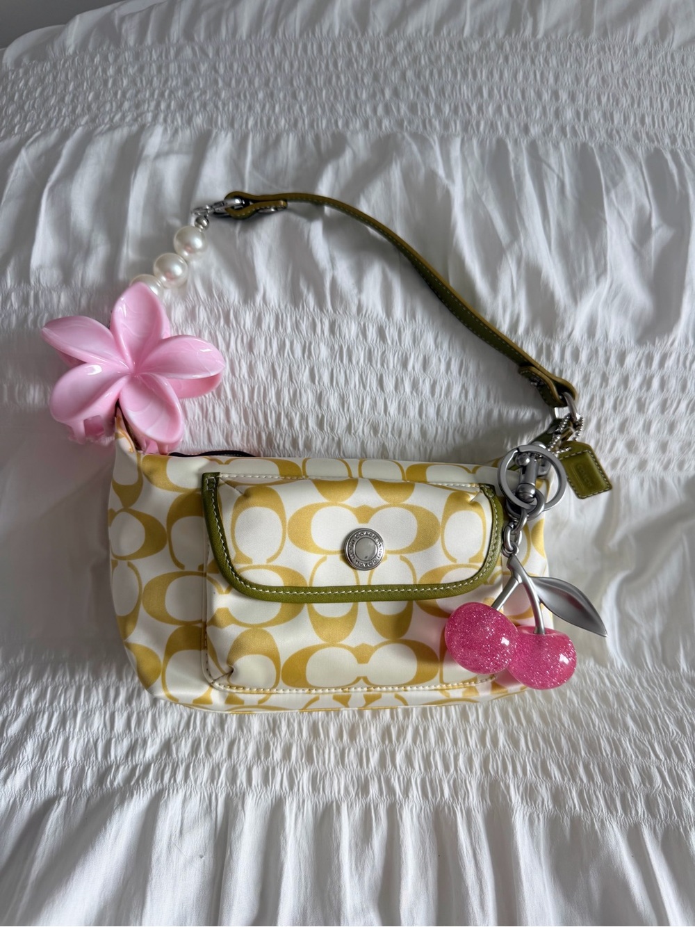 Vintage Coach Green & Cream Signature Monogram Nylon Demi Baguette Bag - Picture 2 of 10